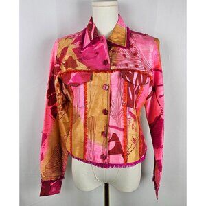 Sandy Starkman Silk Jacket Small Patchwork Button Pink Gold Beaded Accents